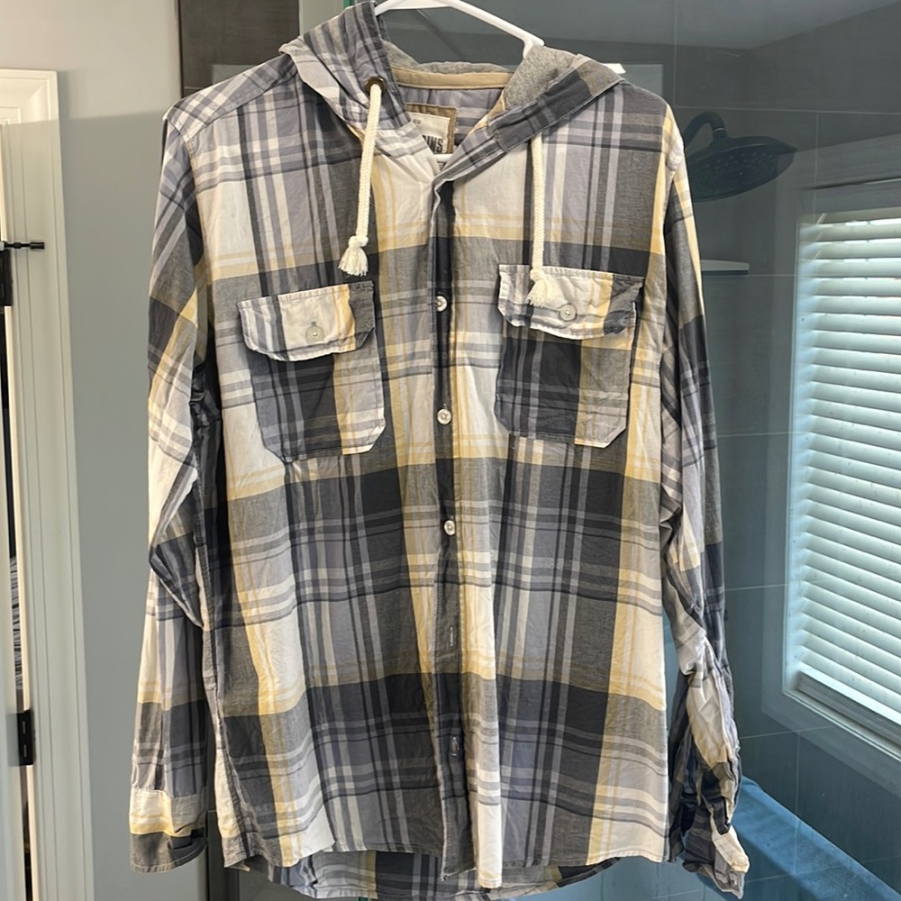 Blue gold and white button up with hood